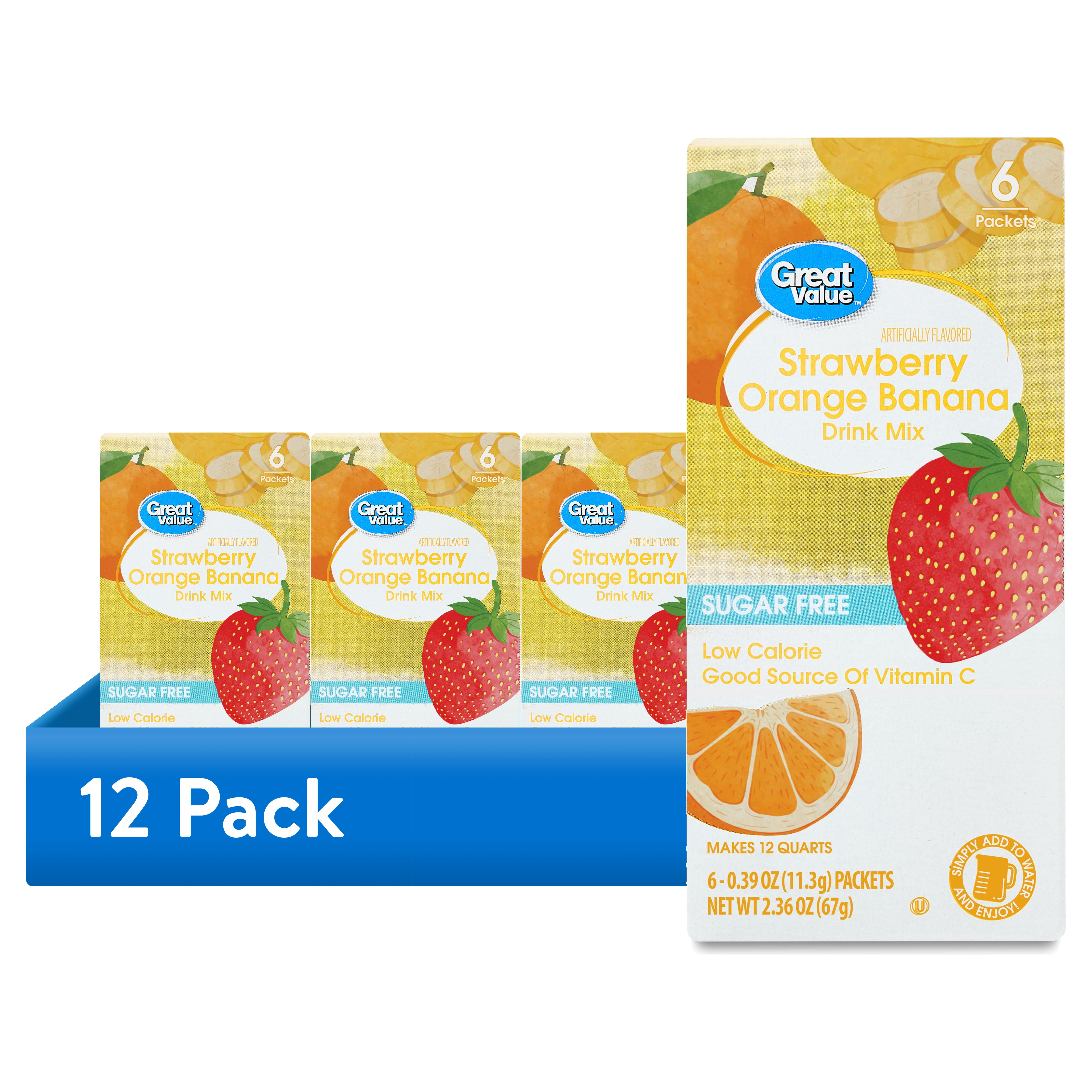 (12 pack) Great Value Strawberry Orange Banana Drink Mix Powder, 0.4 oz, 6 Count