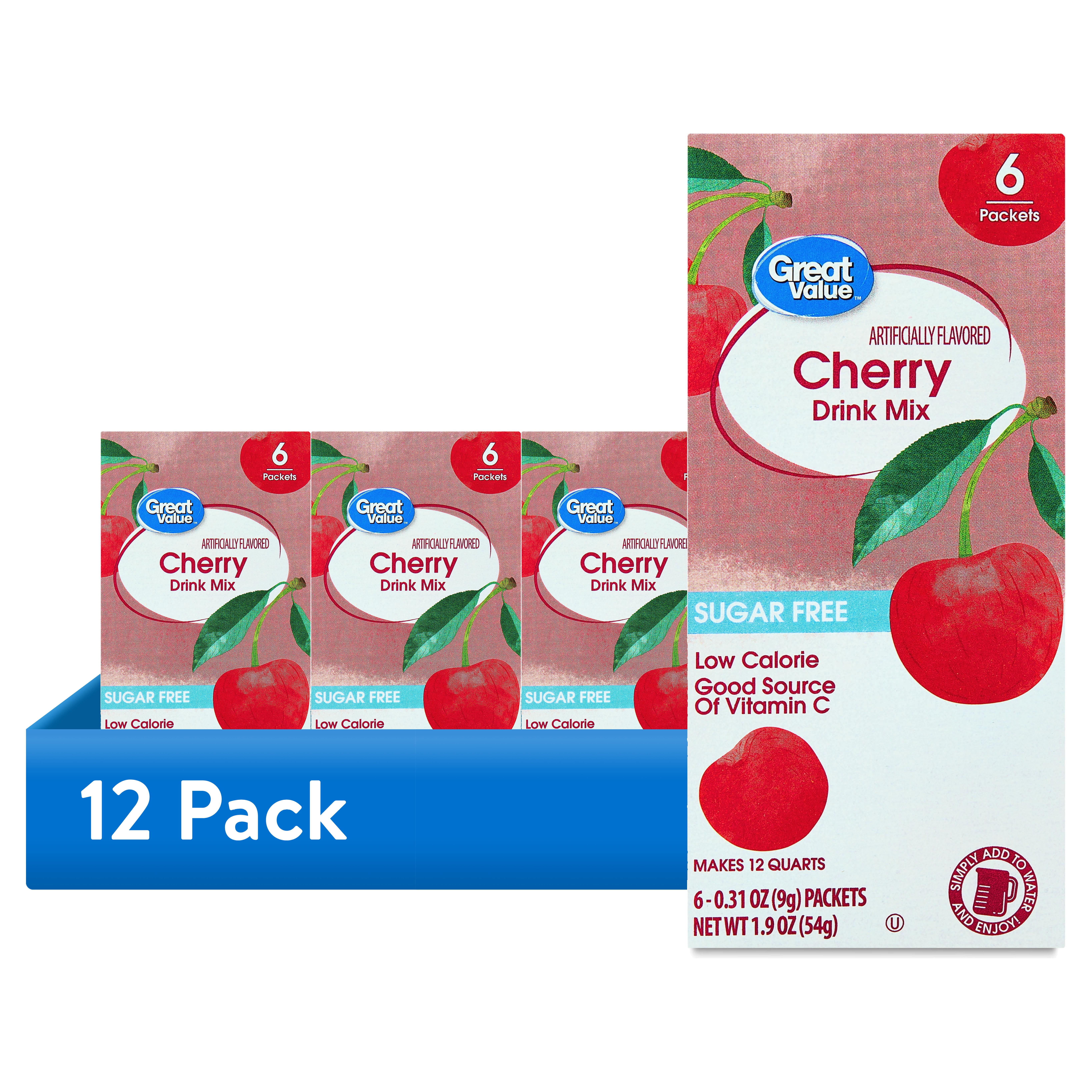 (12 pack) Great Value Sugar-Free Cherry Powder Drink Mix, 1.9 oz, 6 Count