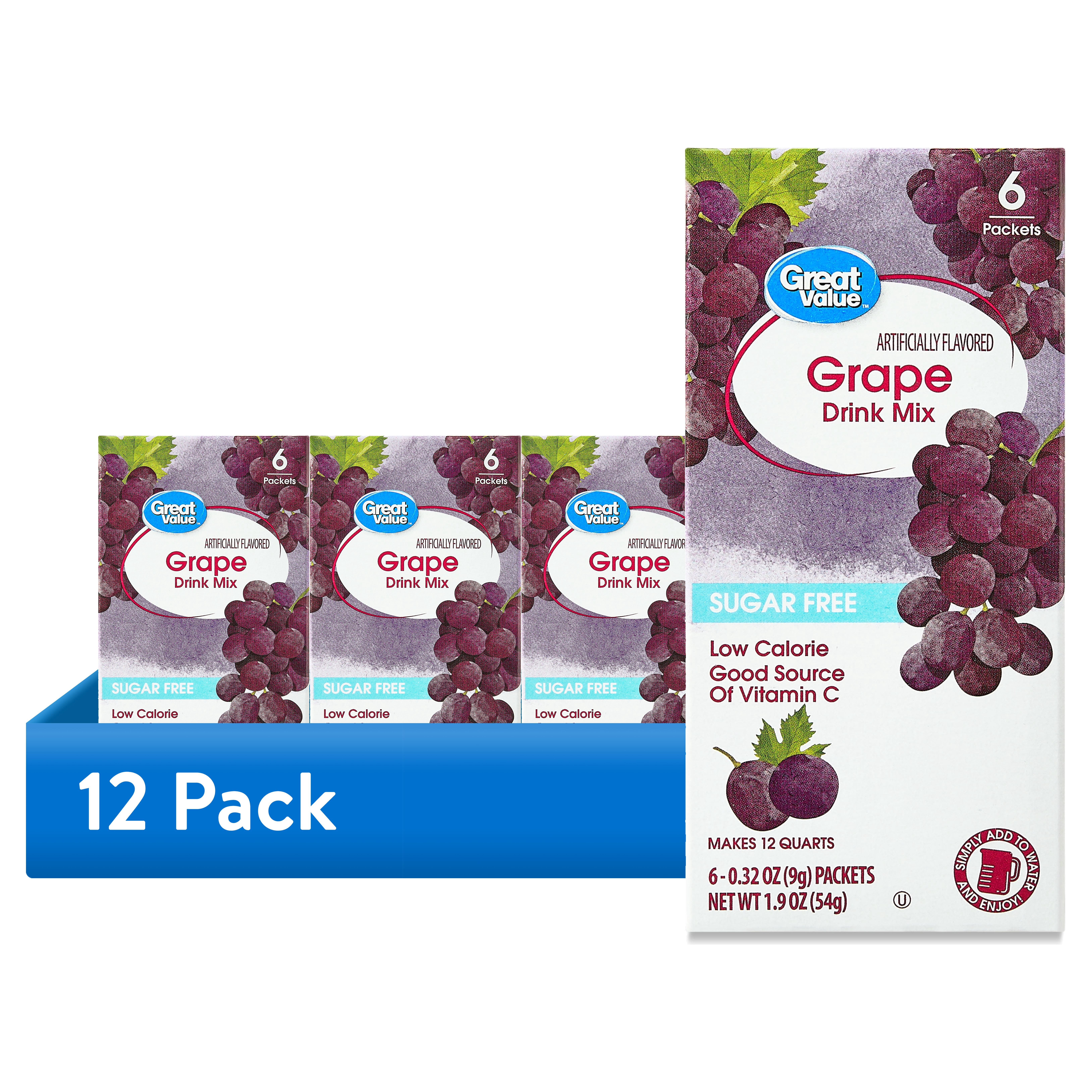 12 pack) Great Value Sugar-Free Grape Drink Mix Powder, 1.9 oz, 6