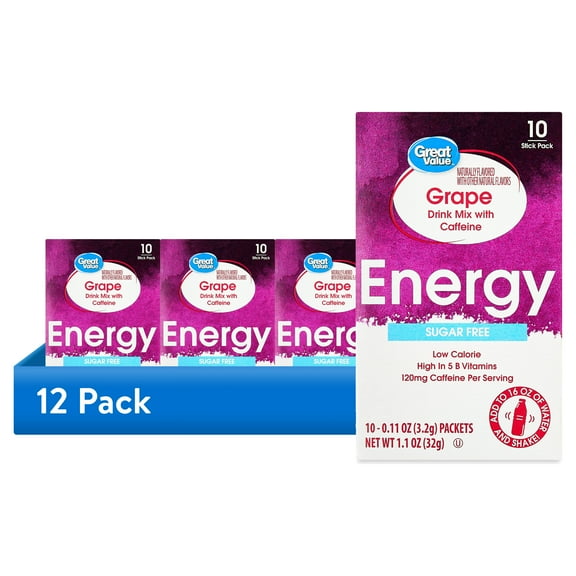 (12 pack) Great Value Sugar-Free Grape Energy Powdered Drink Mix, 1.1 oz, 10 Packets