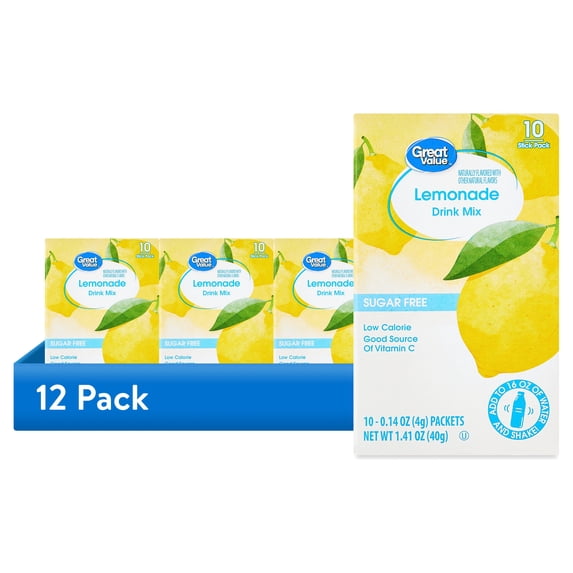 (12 pack) Great Value Sugar-Free Lemonade Drink Mix Packets, 10 Count, 0.14 oz Each