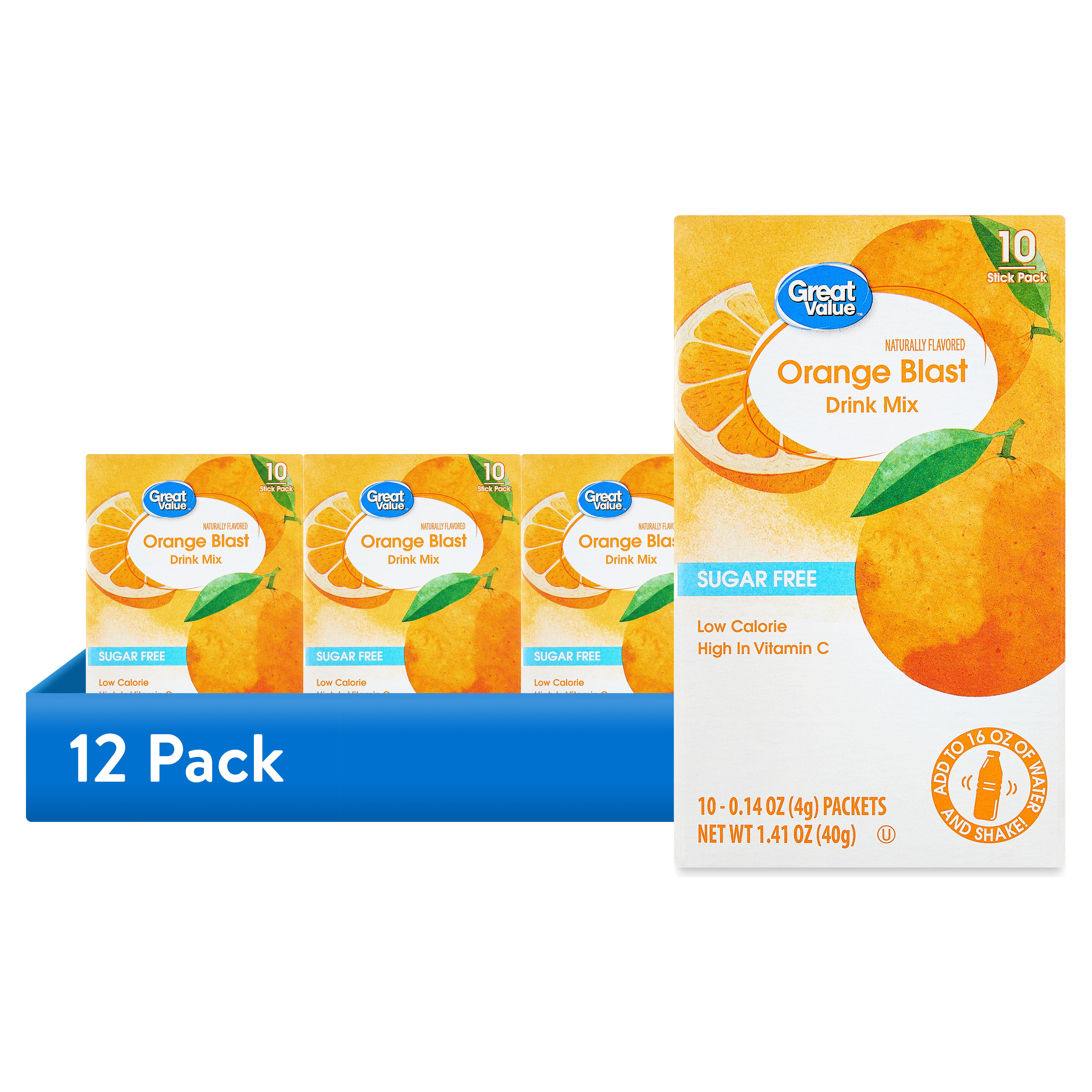 (12 pack) Great Value Sugar-Free Orange Early Rise Drink Mix, 0.14 oz, 10 Count
