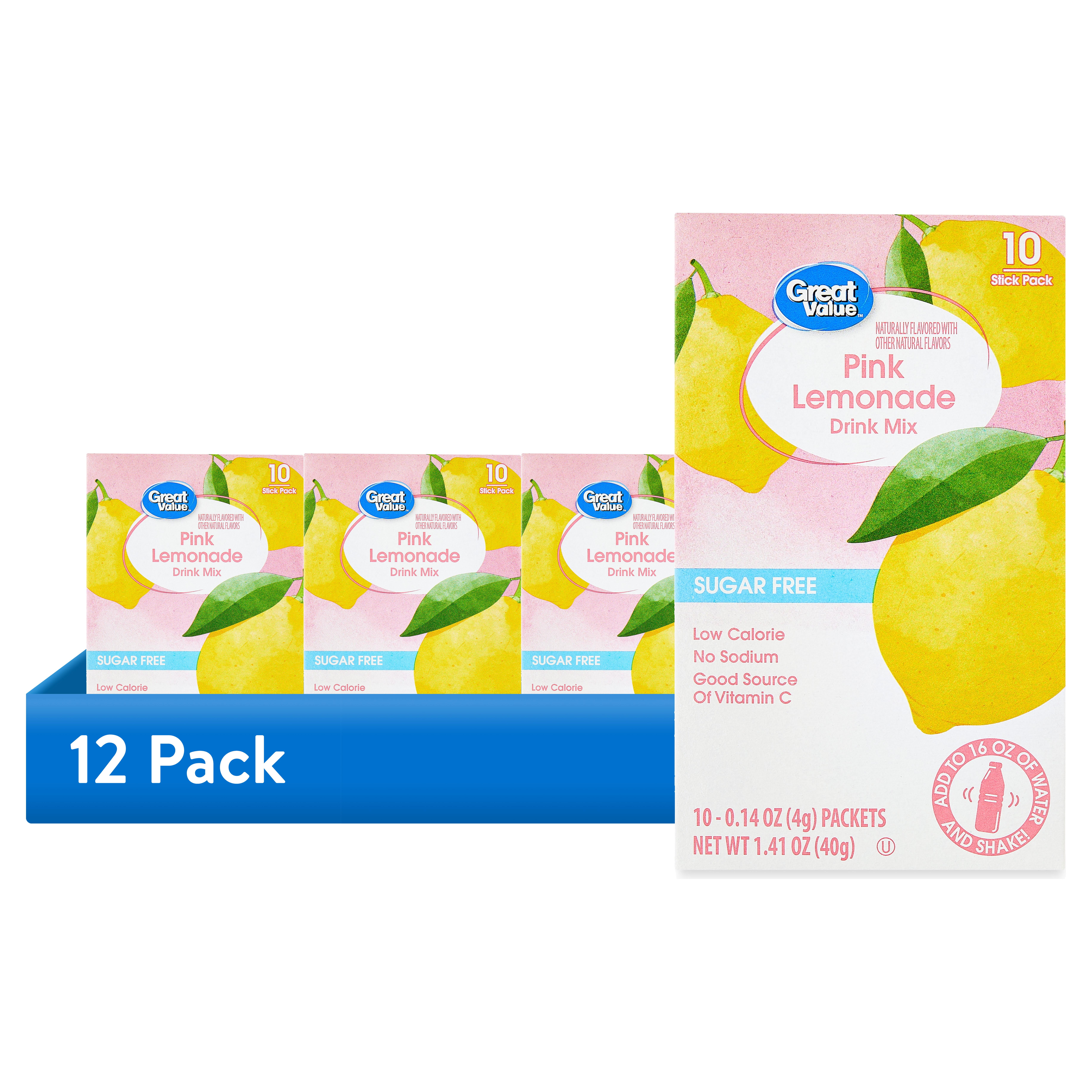 (12 pack) Great Value Sugar-Free Pink Lemonade Drink Mix, 0.14 oz, 10 Count
