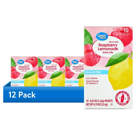 (12 pack) Great Value Sugar-Free Raspberry Lemonade Powdered Drink Mix, 0.07 oz, 10 Count