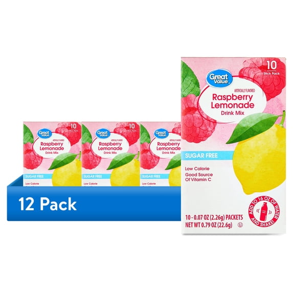 (12 pack) Great Value Sugar-Free Raspberry Lemonade Powdered Drink Mix, 0.07 oz, 10 Count