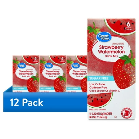 (12 pack) Great Value Sugar-Free Strawberry Watermelon Powdered Drink Mix, 0.42 oz, 6 Packets