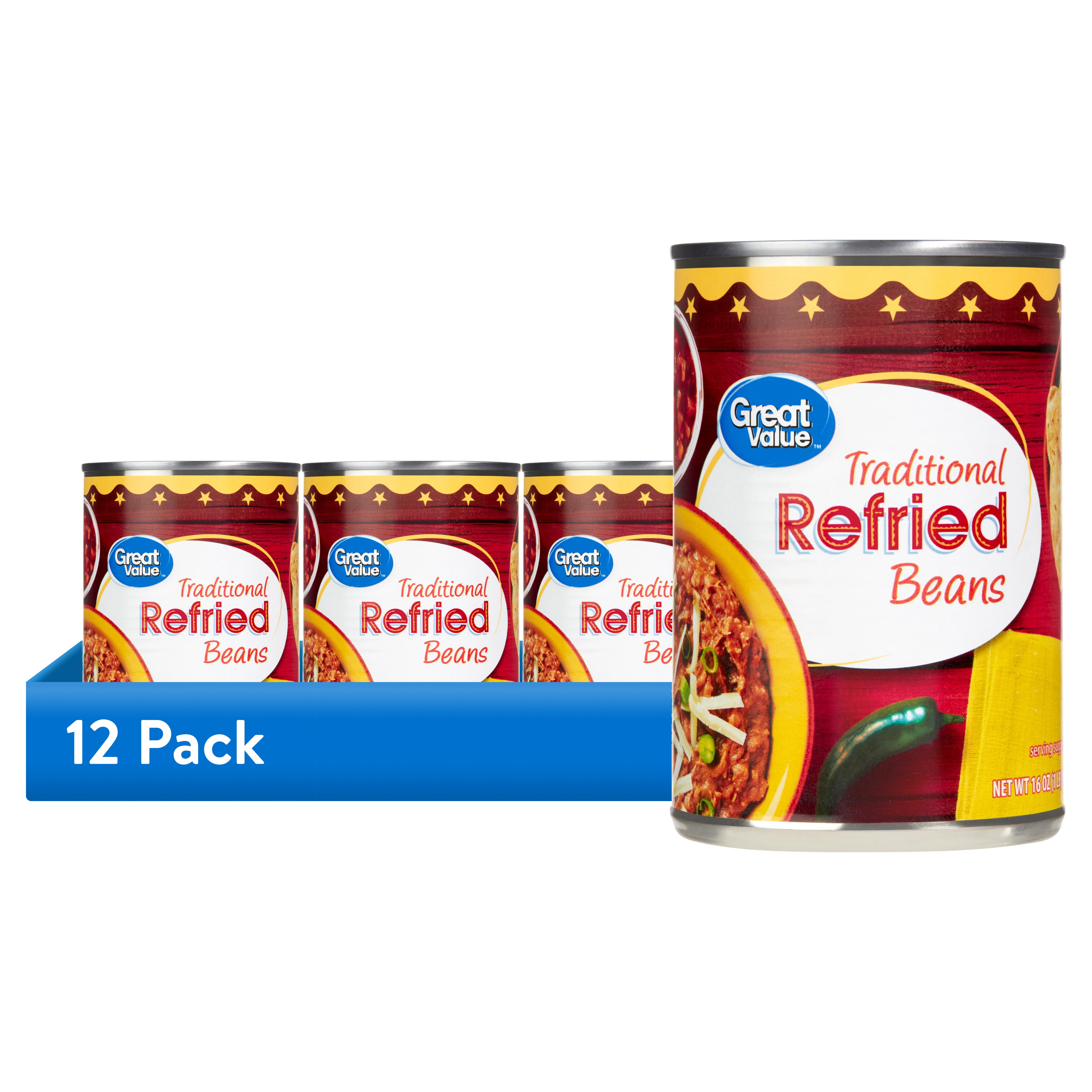 (12 pack) Great Value Traditional Refried Beans, 16 oz