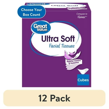 (12 pack) Great Value Ultra Soft Facial Tissues, 1 Cube Carton, 75 Tissues per Cube, 3-Ply