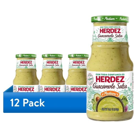 (12 pack) HERDEZ Guacamole Salsa Medium, Tortilla Chip Dip, Shelf Stable, 15.7 oz Glass Jar