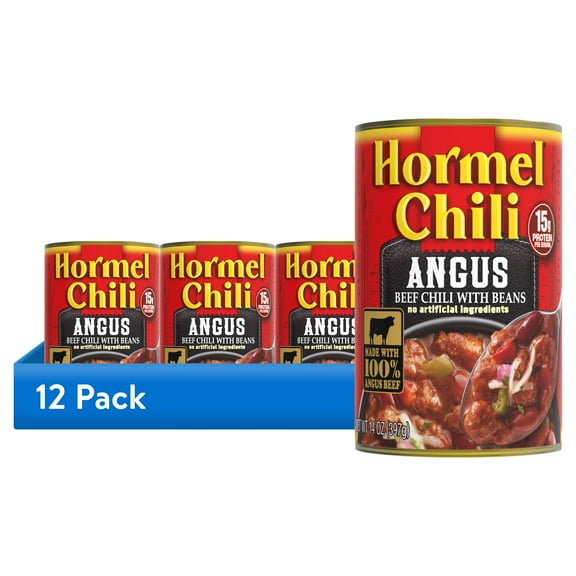 (12 pack) HORMEL Chili Angus Beef Chili with Beans, Shelf-Stable, 14 oz Steel Can