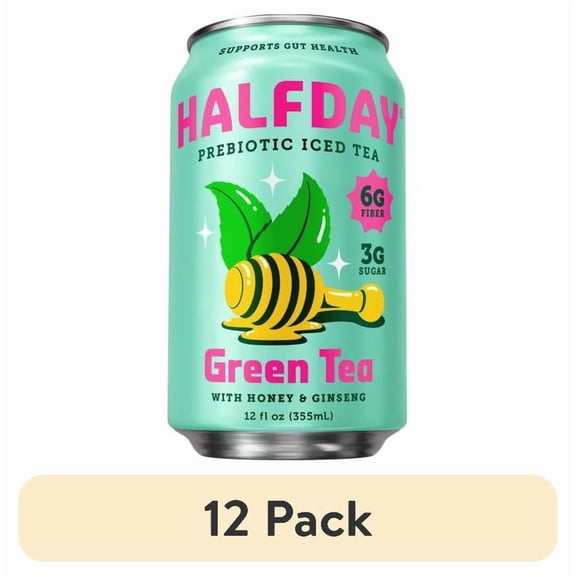 (12 pack) Halfday Prebiotic Green Iced Tea Drink with Honey & Ginseng, 6g Fiber, 12 fl oz Single Can