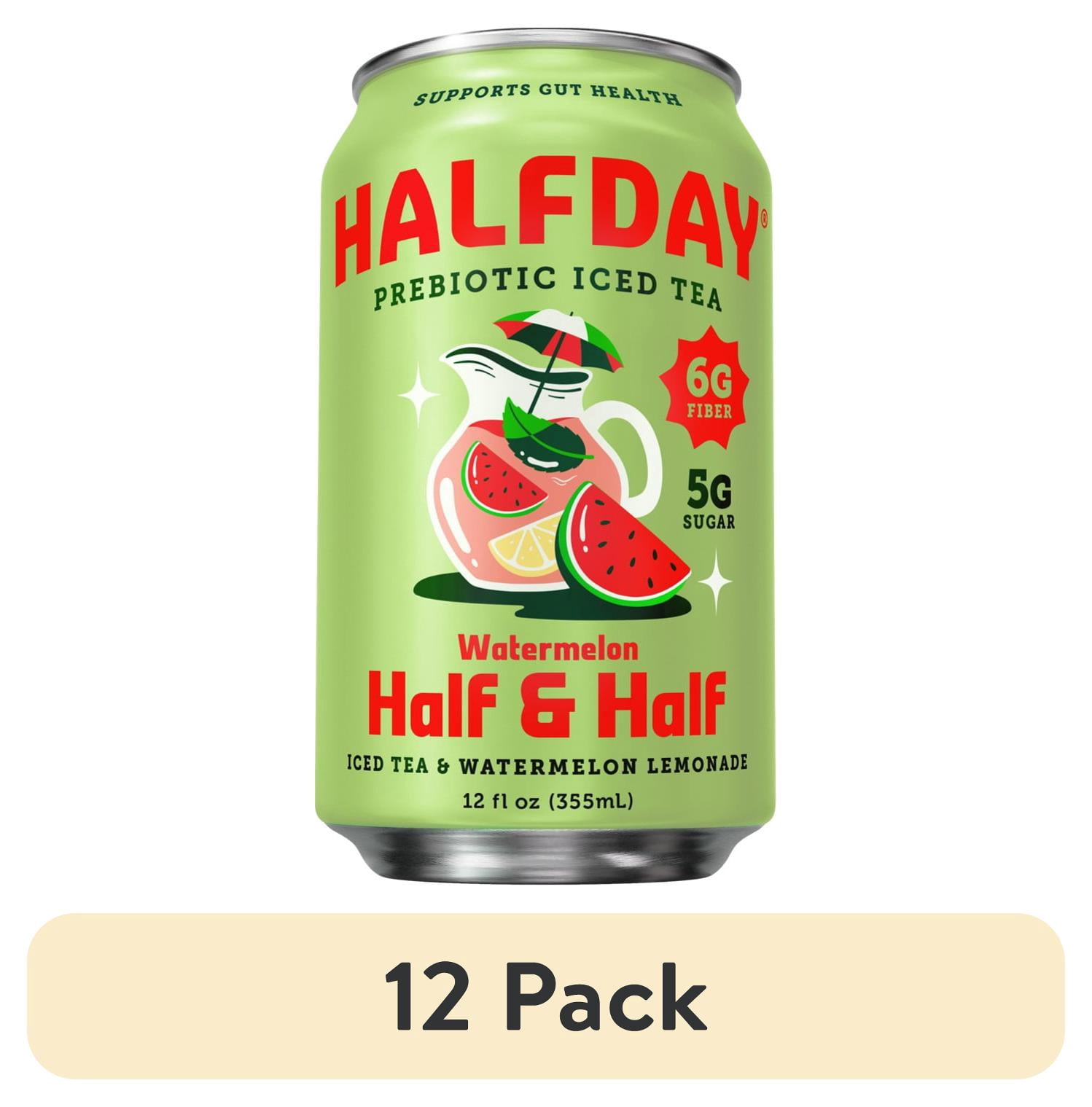 (12 pack) Halfday Prebiotic Watermelon Half & Half Iced Tea Drink, 6g Fiber, 12 fl oz Single Can