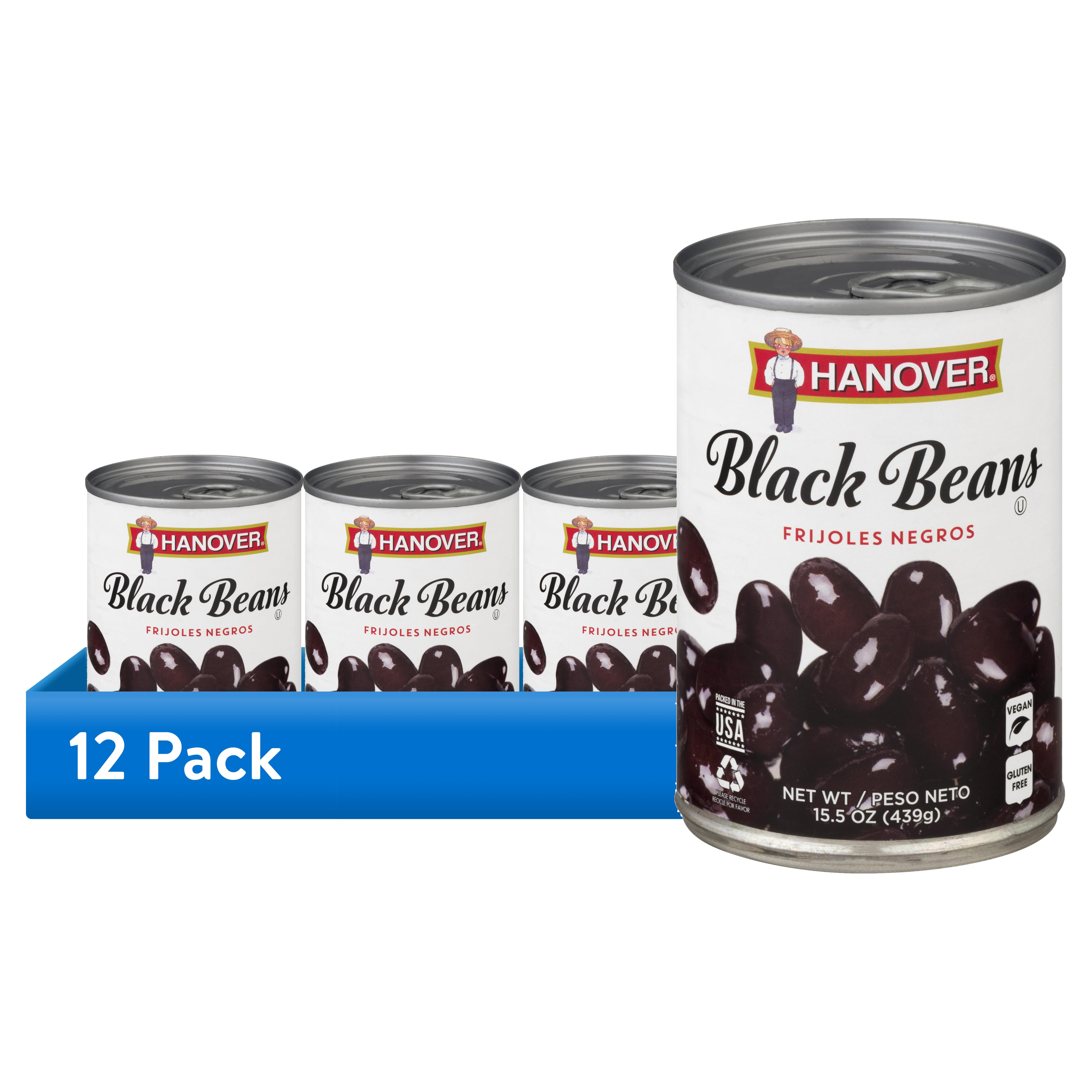 (12 pack) Hanover Black Beans, 15.5 oz Can – Vegan, Gluten Free Pantry Staple