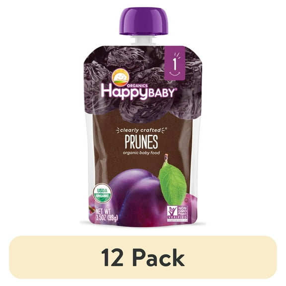 (12 pack) Happy Baby Clearly Crafted, Stage 1 Organic Baby Food, Prunes, 3.5 oz Pouch