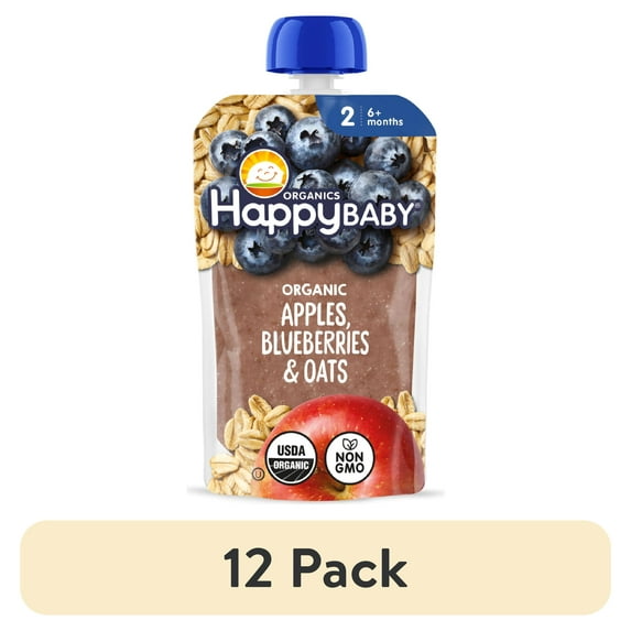 (12 pack) Happy Baby Organics, Stage 2 Organic Baby Food, Apples, Blueberries & Oats, 4oz Shelf Stable Pouch
