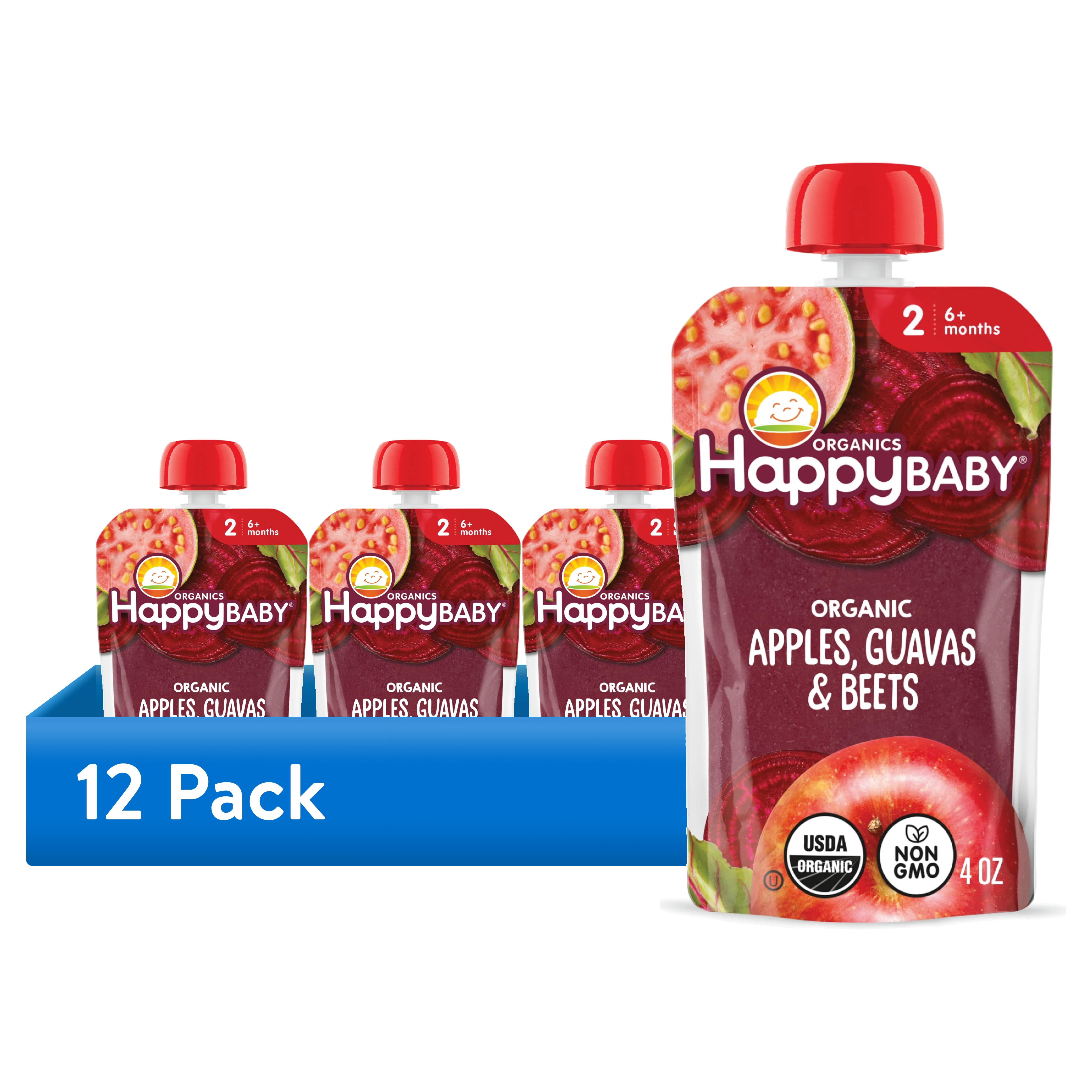 (12 pack) Happy Baby Clearly Crafted, Stage 2 Organic Baby Food, Apples, Guavas & Beets, 4 oz. Pouch