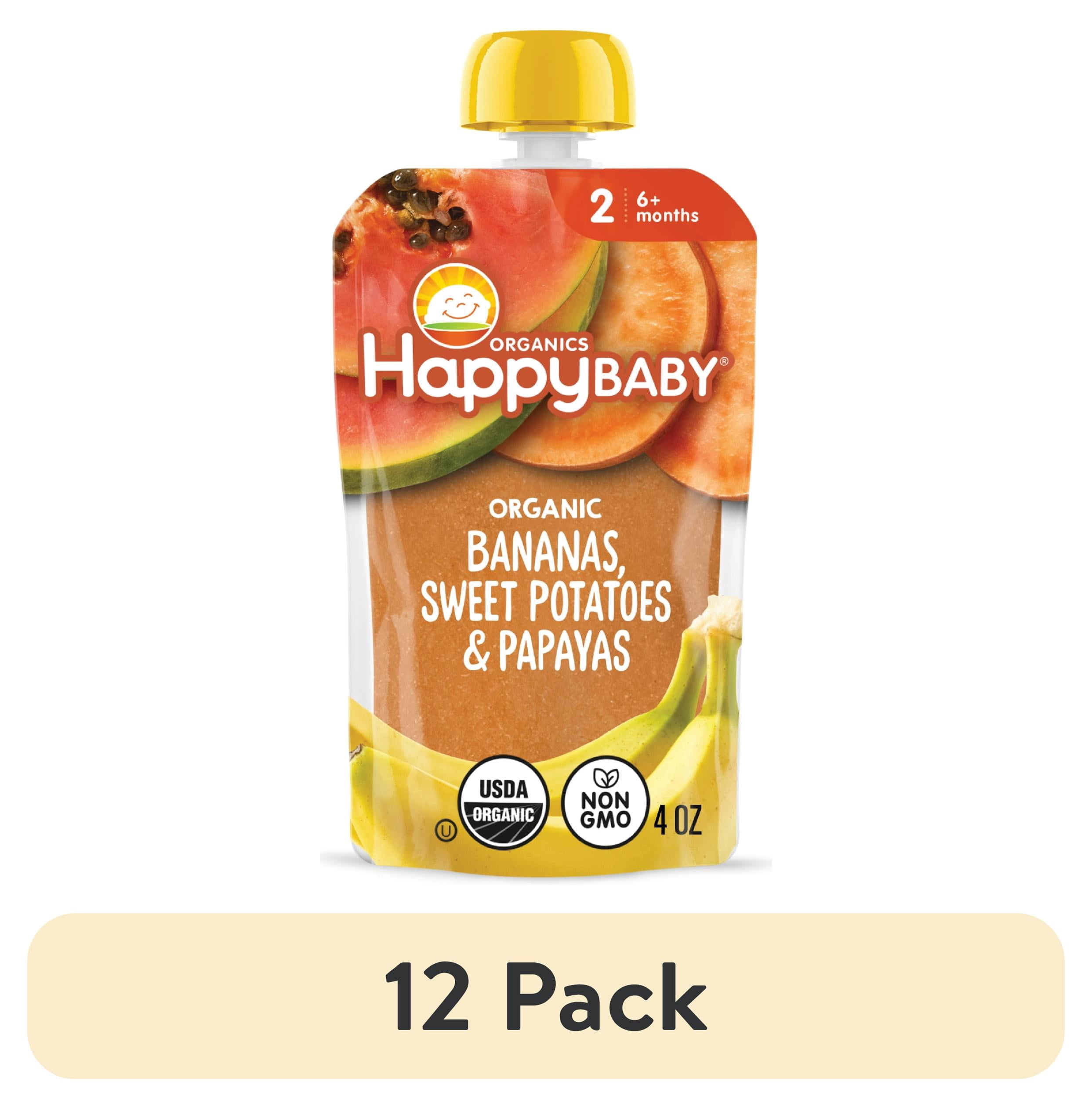 (12 pack) Happy Baby Clearly Crafted, Stage 2 Organic Baby Food, Bananas Sweet Potatoes & Papaya, 4 oz. Pouch