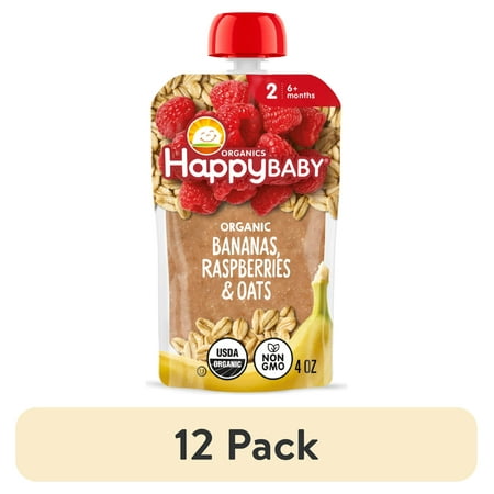 (12 pack) Happy Baby Clearly Crafted, Stage 2 Baby Food, Bananas Raspberries & Oats, 4 oz Pouch