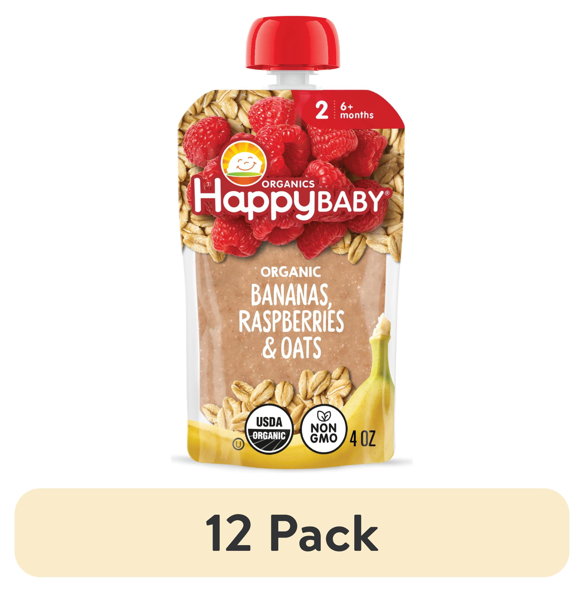 (12 pack) Happy Baby Clearly Crafted, Stage 2 Organic Baby Food, Bananas Raspberries & Oats, 4 oz. Pouch