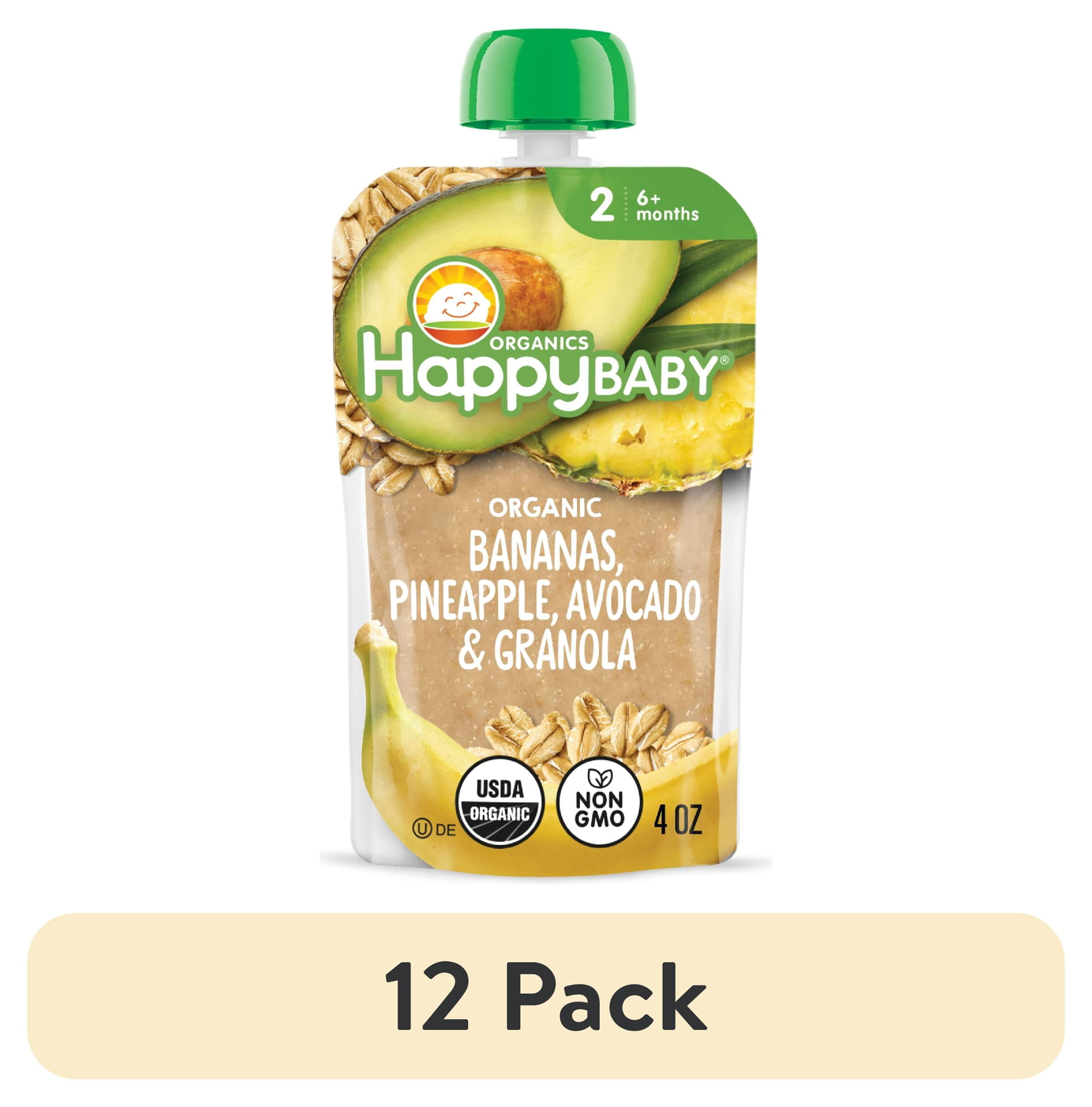 (12 pack) Happy Baby Clearly Crafted, Stage 2 Organic Baby Food, Banana Pineapple & Granola, 4 oz. Pouch