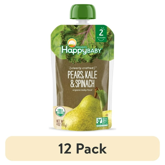(12 pack) Happy Baby Organics Clearly Crafted, Stage 2 Pears Kale & Spinach Organic Baby Food, 4oz Pouch