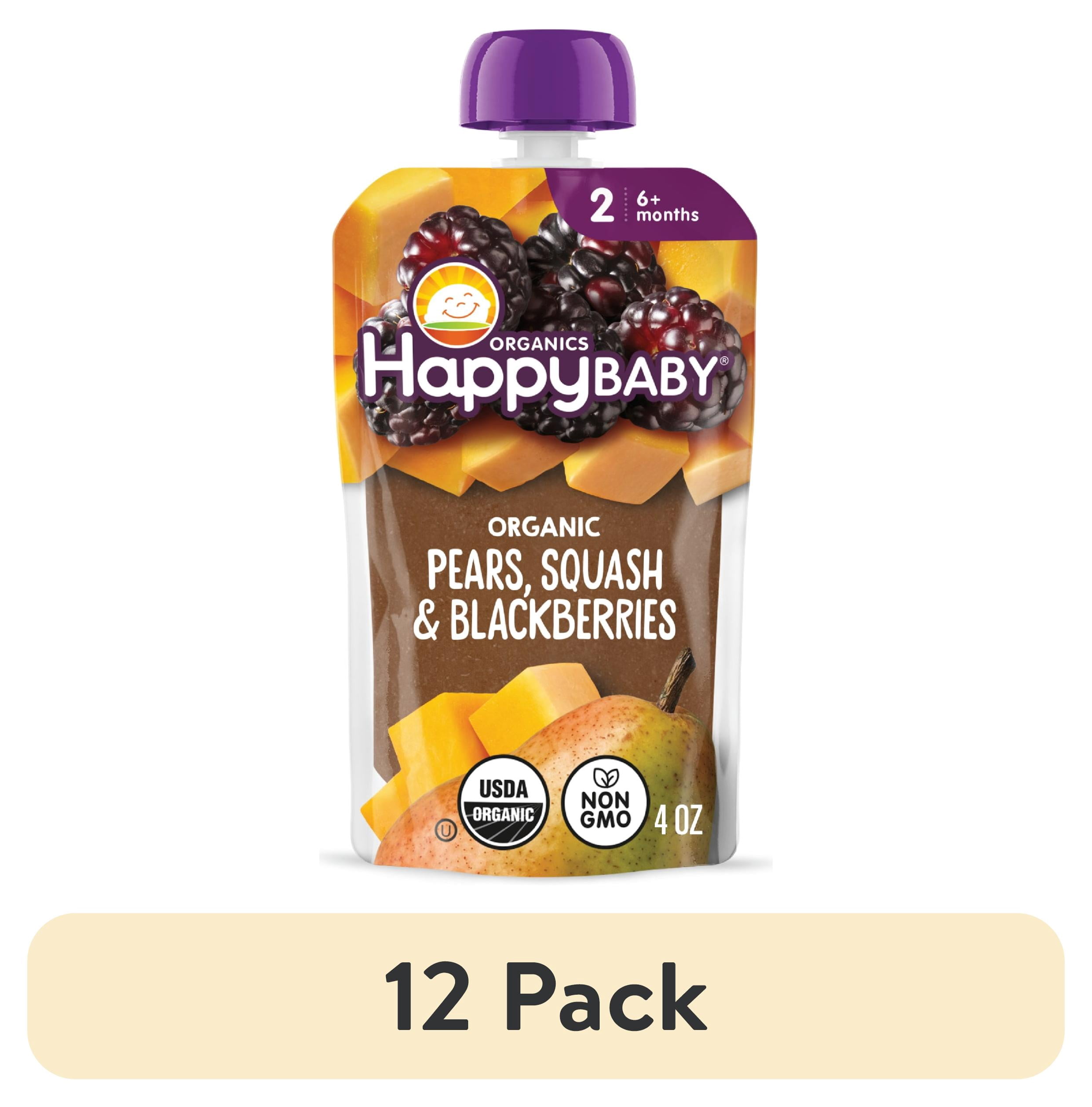 (12 pack) Happy Baby Clearly Crafted, Stage 2 Pears, Squash & Blackberries Organic Baby Food, 4 oz. Pouch
