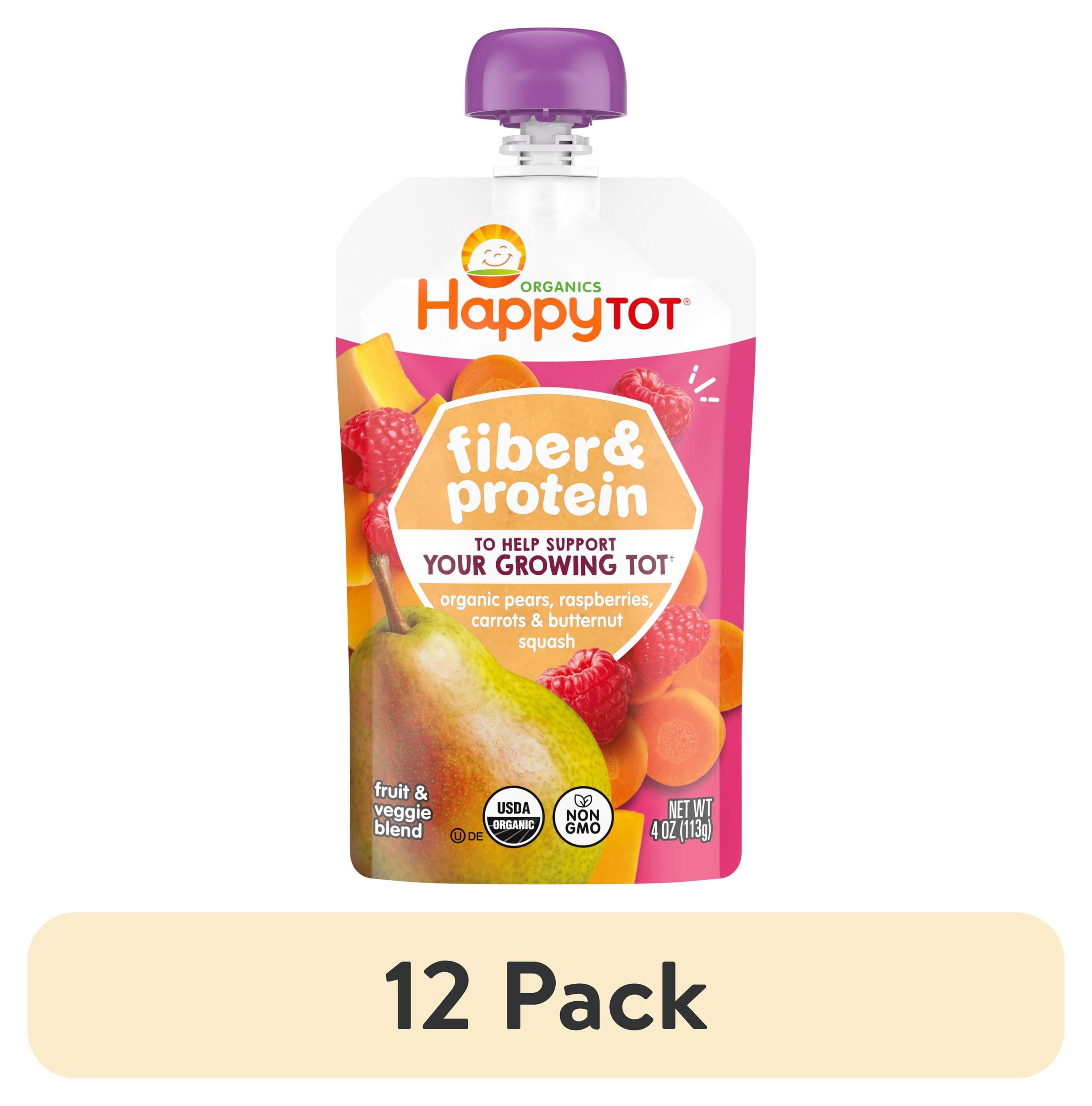 (12 pack) Happy Tot Organics Fiber & Protein Stage 4, Pears Raspberries Carrots & Butternut Squash Organic Tot Food, 4 oz. Pouch