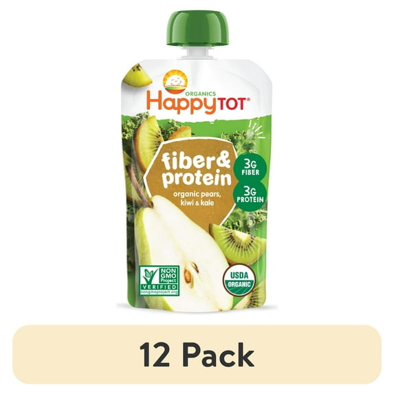 (12 pack) Happy Tot Organics Fiber & Protein Stage 4, Pears Kiwi & Kale Organic Tot Food, 4 oz Pouch