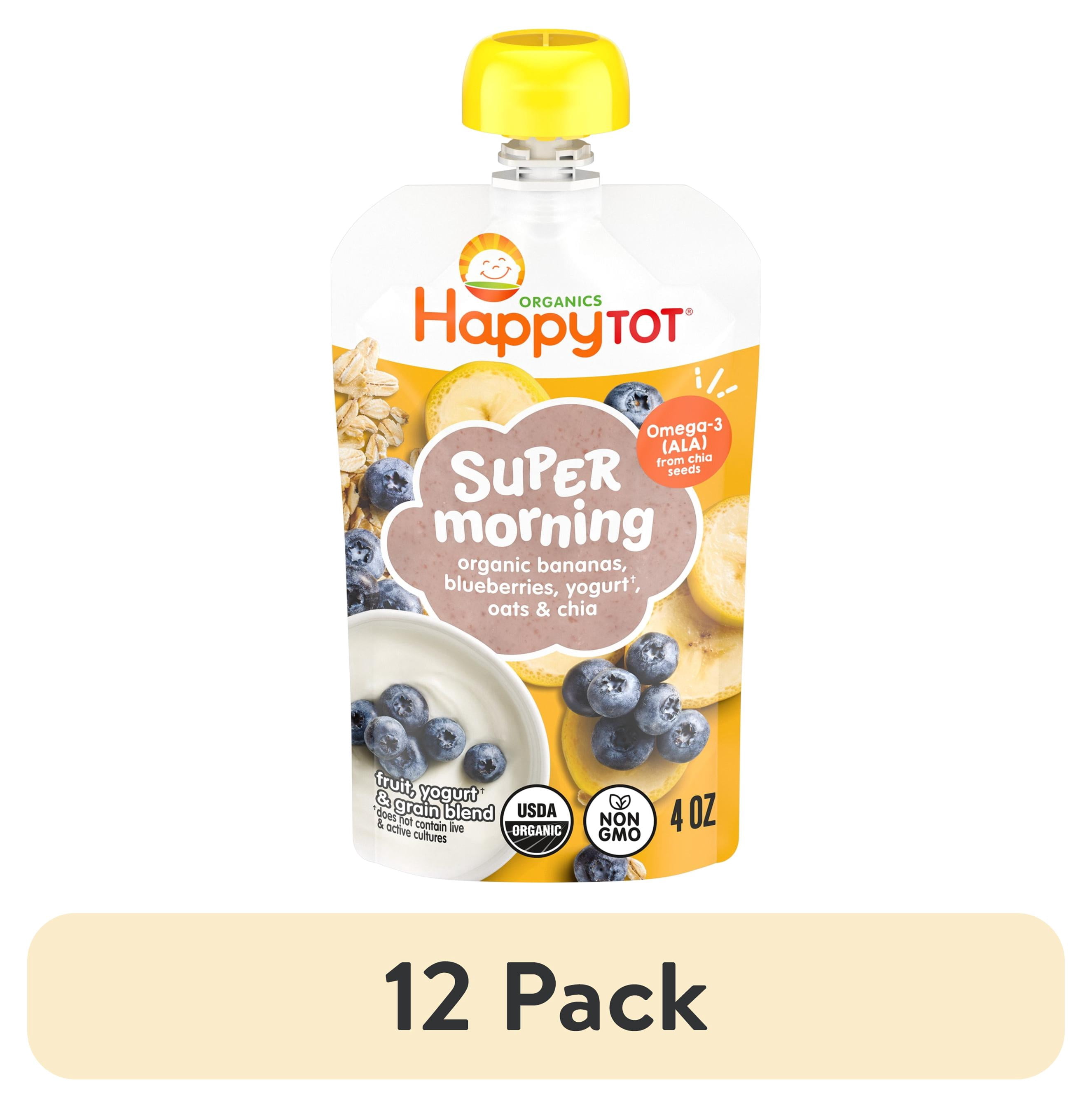 (12 pack) Happy Tot Organics Super Morning Stage 4, Bananas Blueberries Yogurt & Oats, Organic Tot Food, 4 oz. Pouch