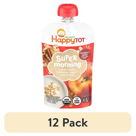 (12 pack) Happy Tot Organics Super Morning Stage 4, Apple Cinnamon Yogurt & Oats Organic Tot Food, 4 oz. Pouch