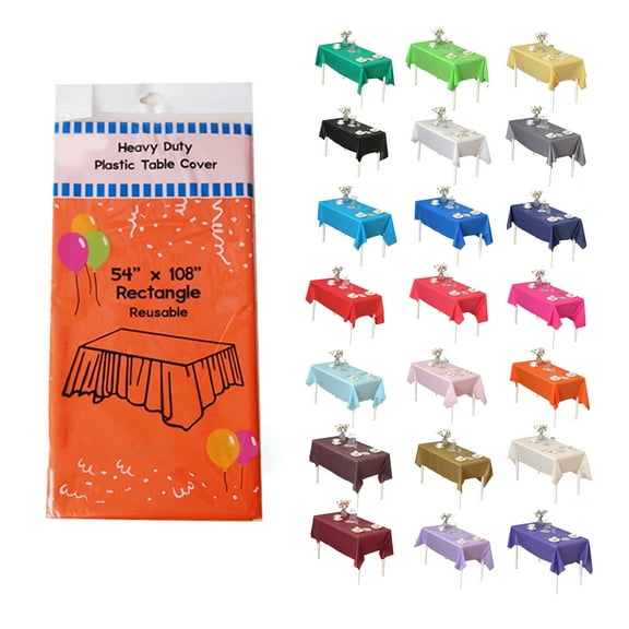 (12-pack) Heavy Duty Plastic Table Covers Tablecloth (Reusable) (Rectangular 54" X 108", Orange)