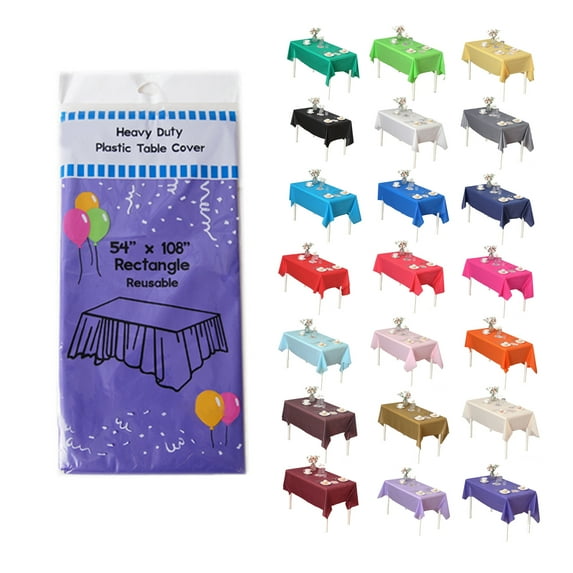 (12-pack) Heavy Duty Plastic Table Covers Tablecloth (Reusable) (Rectangular 54" X 108", Purple)