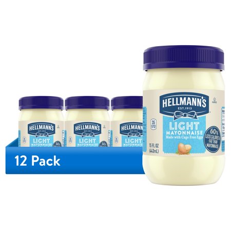 (12 pack) Hellmann's Made with Cage Free Eggs Light Mayonnaise, 15 fl oz Jar