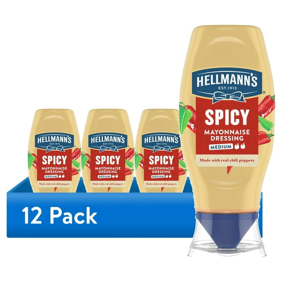 (12 pack) Hellmann's Medium Spicy Mayonnaise Dressing Condiments Made with Real Chili Peppers, 11.5 fl oz Squeeze Bottle