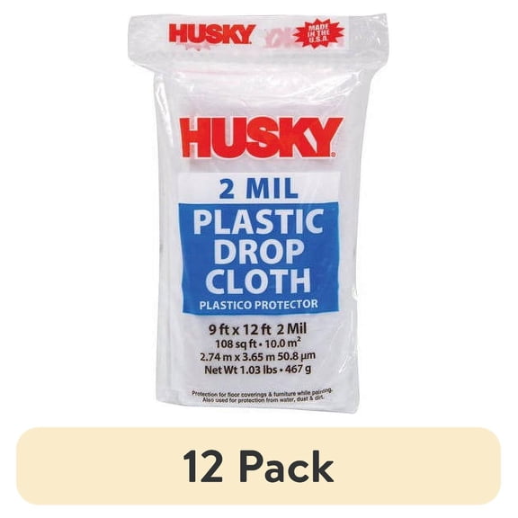 (12 pack) Husky 2 Mil Clear Plastic Drop Cloth, 9 ft. x 12 ft.