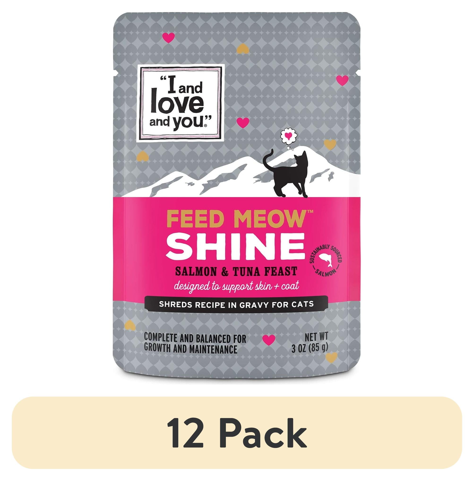 (12 pack) "I and love and you" Feed Meow Wet Cat Food Toppers, Shine Formula with Salmon and Tuna, Omegas 3 and 6 for Healthy Skin and Coat, Grain Free, No Fillers, 3oz Pouches, Pack of 12 Pouches
