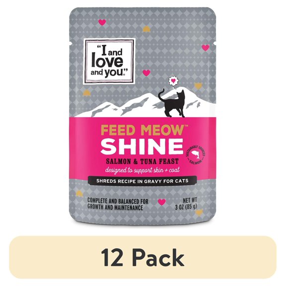 (12 pack) "I and love and you" Feed Meow Wet Cat Food Toppers, Shine Formula with Salmon and Tuna, Omegas 3 and 6 for Healthy Skin and Coat, Grain Free, No Fillers, 3oz Pouches, Pack of 12 Pouches