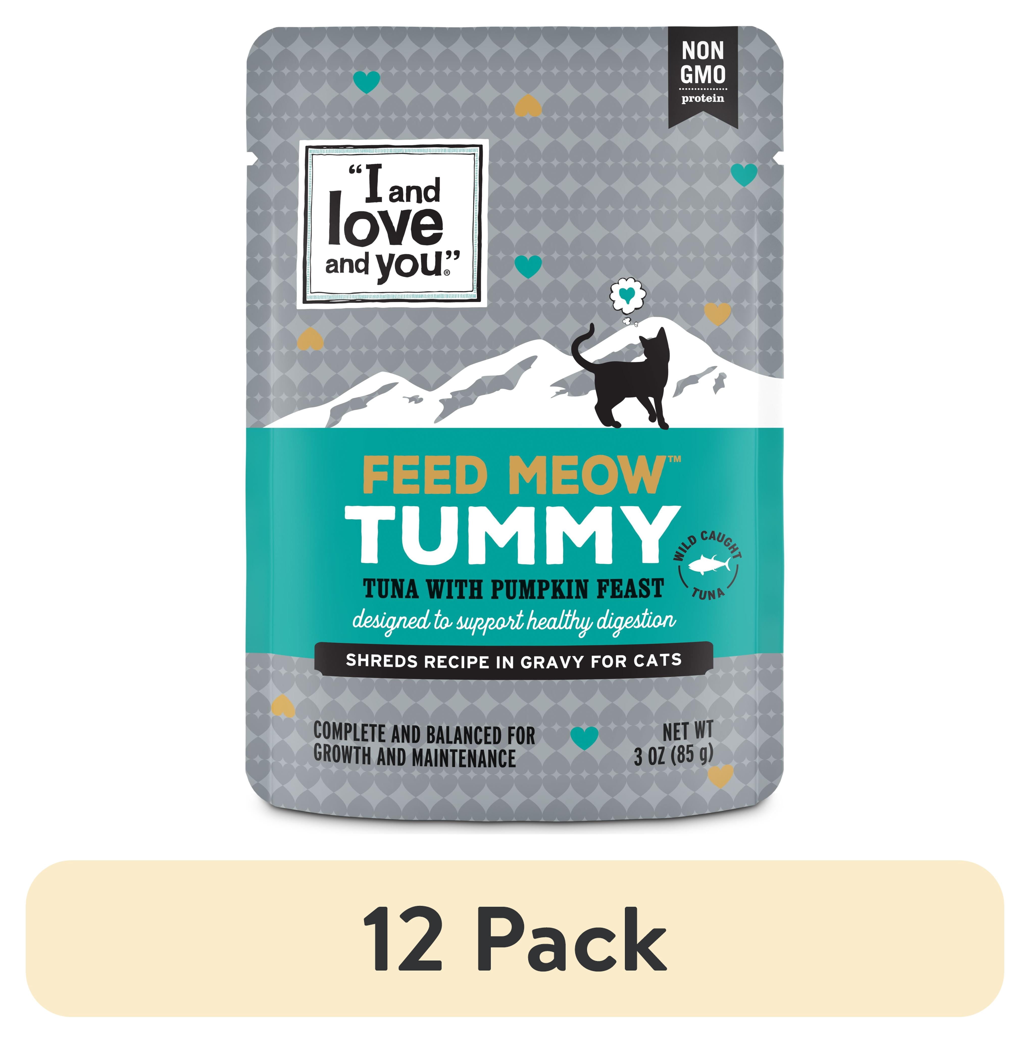 (12 pack) "I and love and you" Feed Meow Wet Cat Food Toppers, Tummy Formula with Tuna and Pumpkin, Digestive Support, Grain Free, No Fillers, Prebiotics and Probiotics, 3oz Pouch