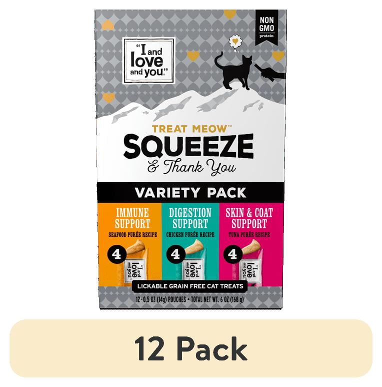 (12 pack) "I and love and you" Treat Meow Squeeze & Thank You Lickable Cat Treat Variety Chicken/Tuna
