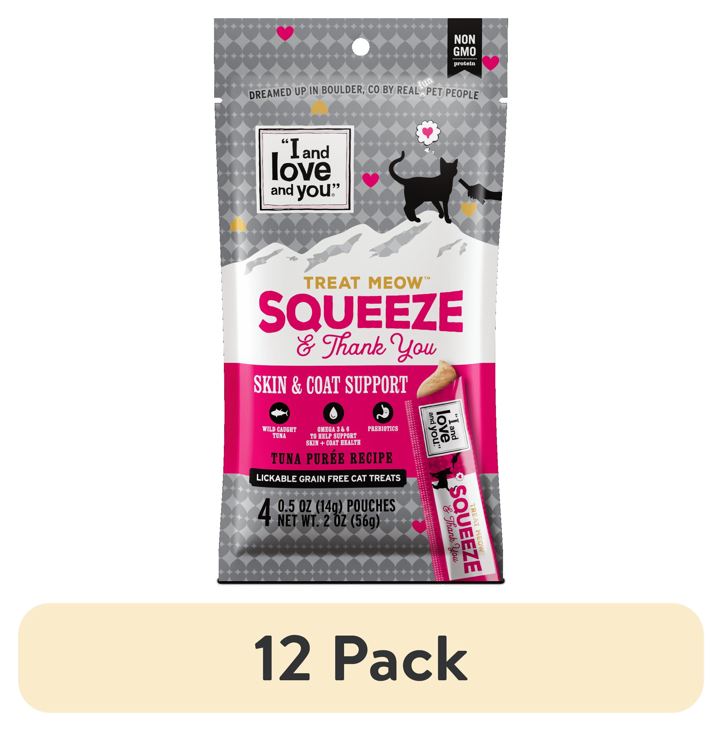 (12 pack) "I and love and you" Treat Meow Squeeze & Thank You, Skin & Coat Support, Cat Treat, 4 Ct.
