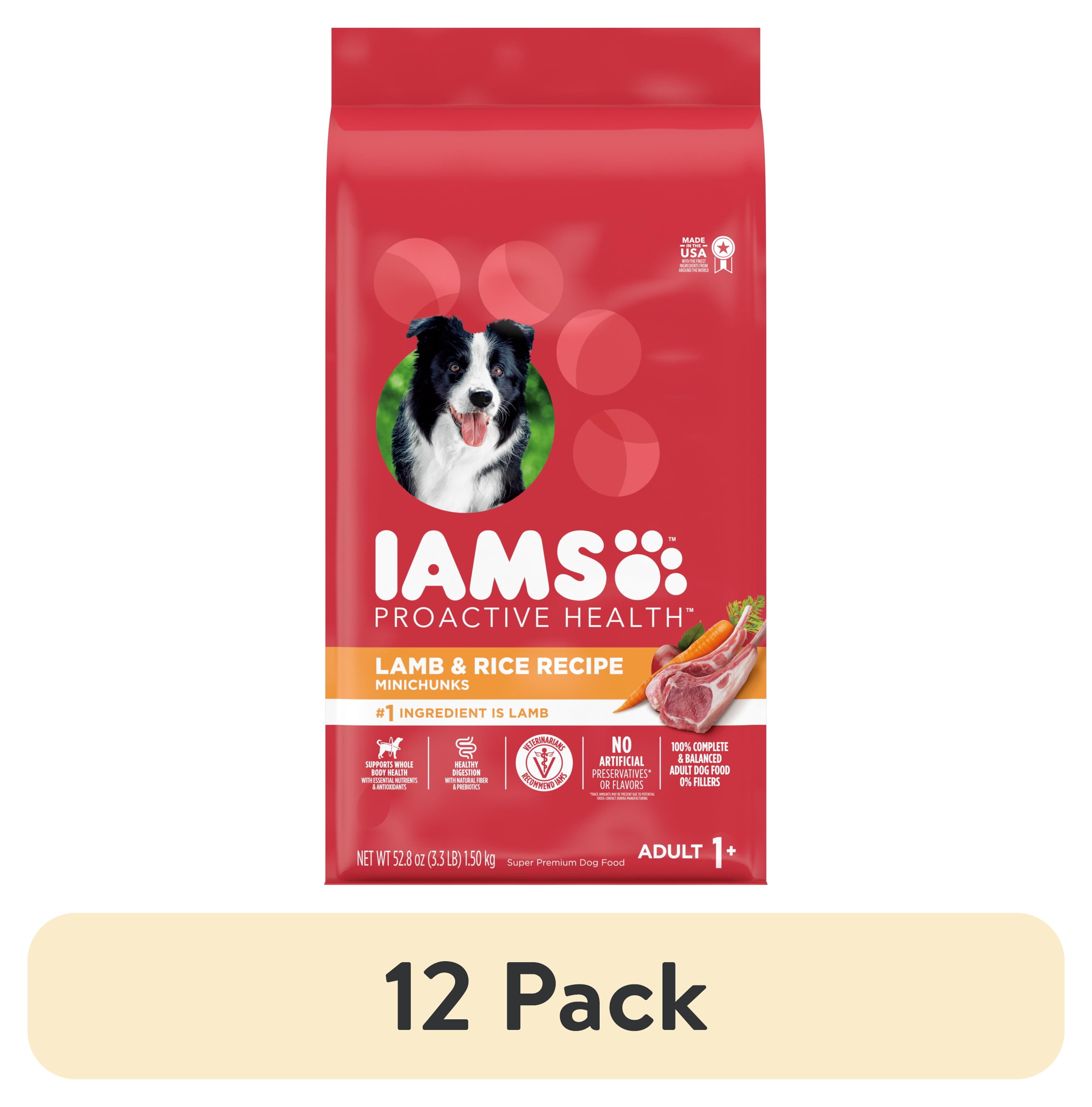 (12 pack) IAMS Proactive Health Minichunks Adult Dry Dog Food, Lamb & Rice Recipe, 3.3 lb Bag