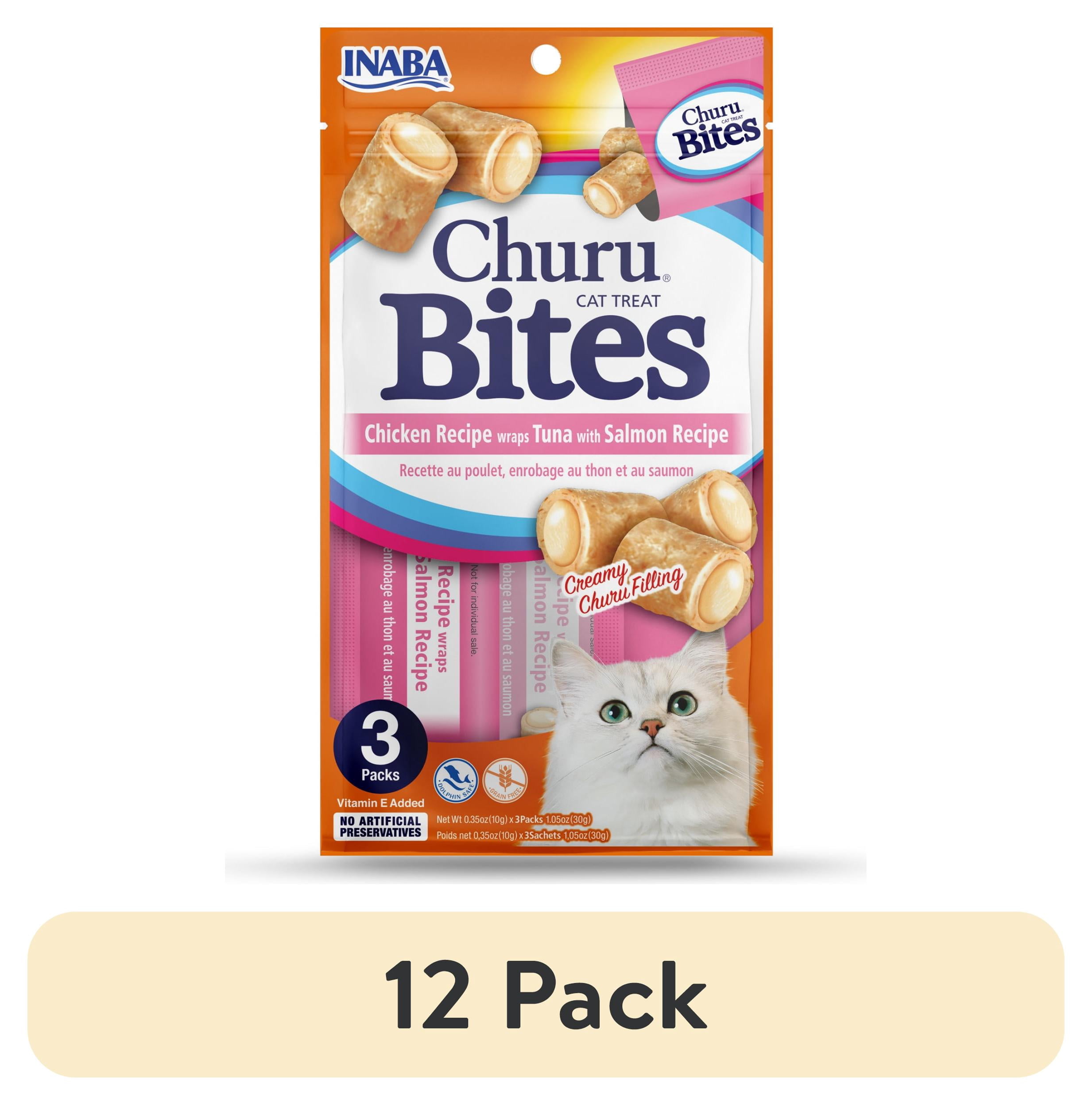 (12 pack) INABA Churu Bites for Cats, Grain-Free, Soft/Chewy Baked Chicken Wrapped Cat Treats with Savory Churu Centers, 0.35 Ounces Each Tube, 3 Tubes, Tuna with Salmon Recipe