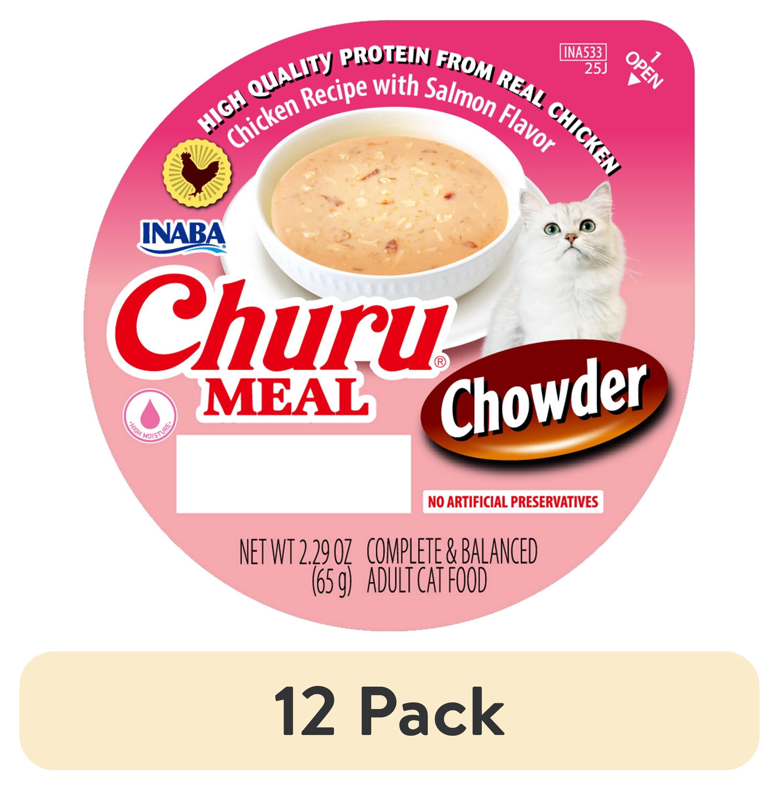 (12 pack) INABA Churu Meal Chowder Adult Wet Cat Food, 2.29 oz cup, Chicken Recipe with Salmon Flavor