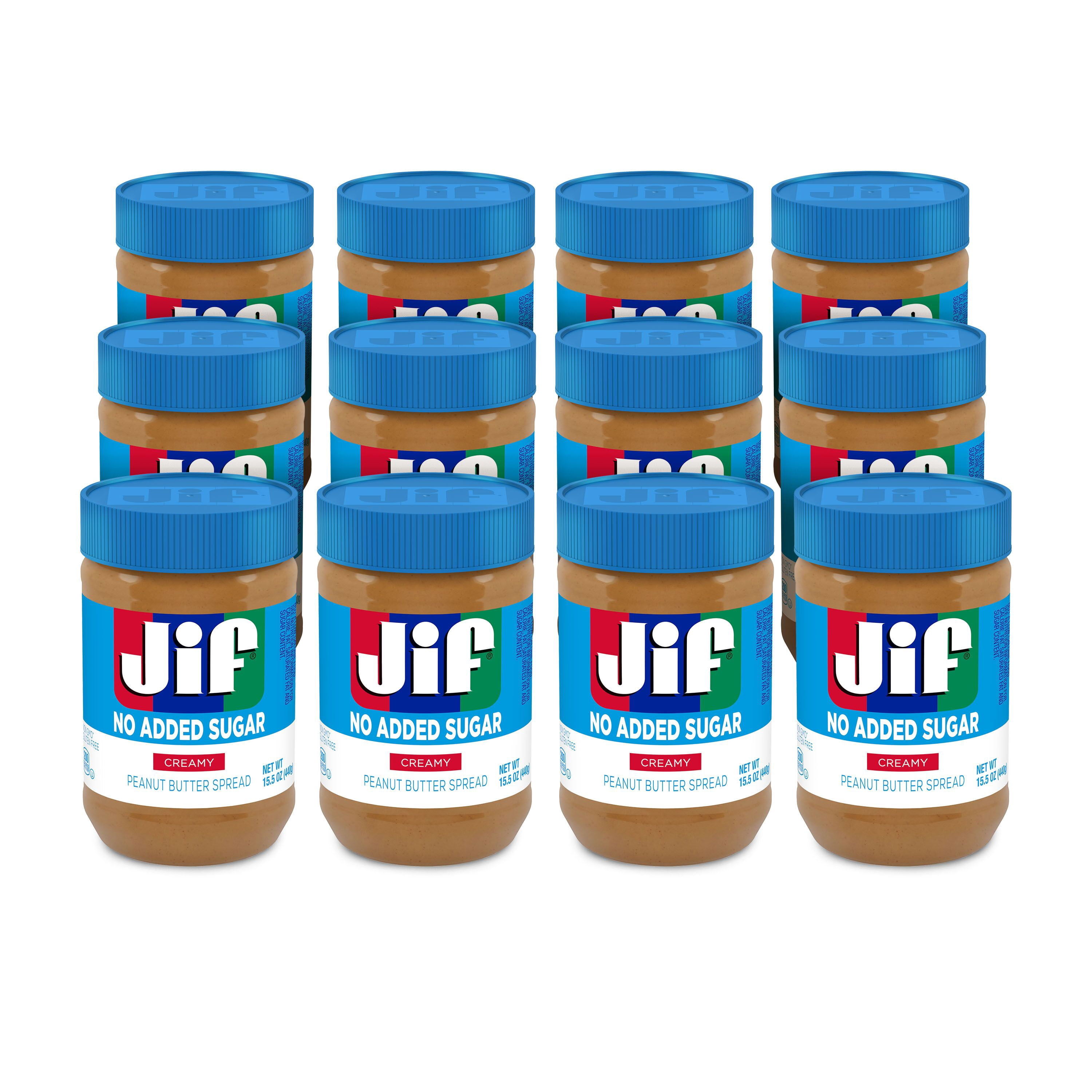 (12 pack) Jif No Added Sugar Creamy Peanut Butter Spread, 15.5 oz. - Smooth, Creamy Texture, No Stir Peanut Butter Spread