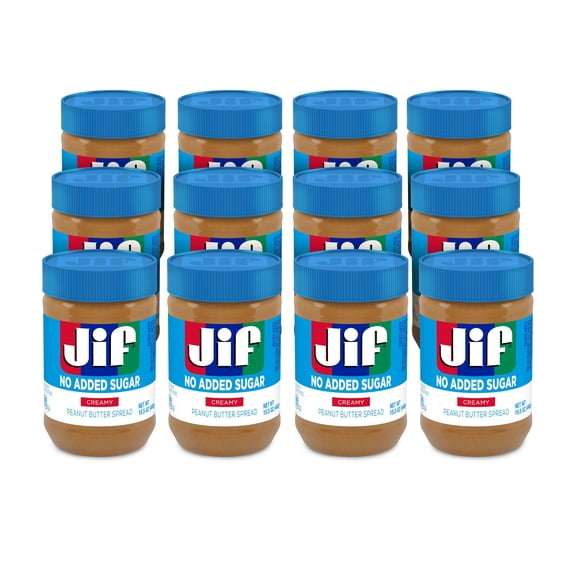 (12 pack) Jif No Added Sugar Creamy Peanut Butter Spread, 15.5 oz. - Smooth, Creamy Texture, No Stir Peanut Butter Spread