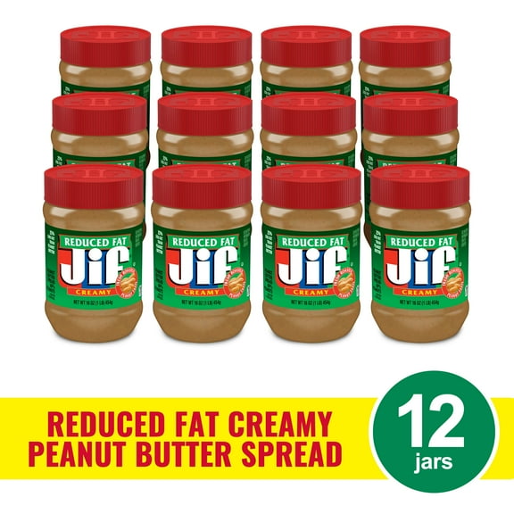 (12 pack) Jif Reduced Fat Creamy Peanut Butter Spread - 60% Peanuts, 16 ozs