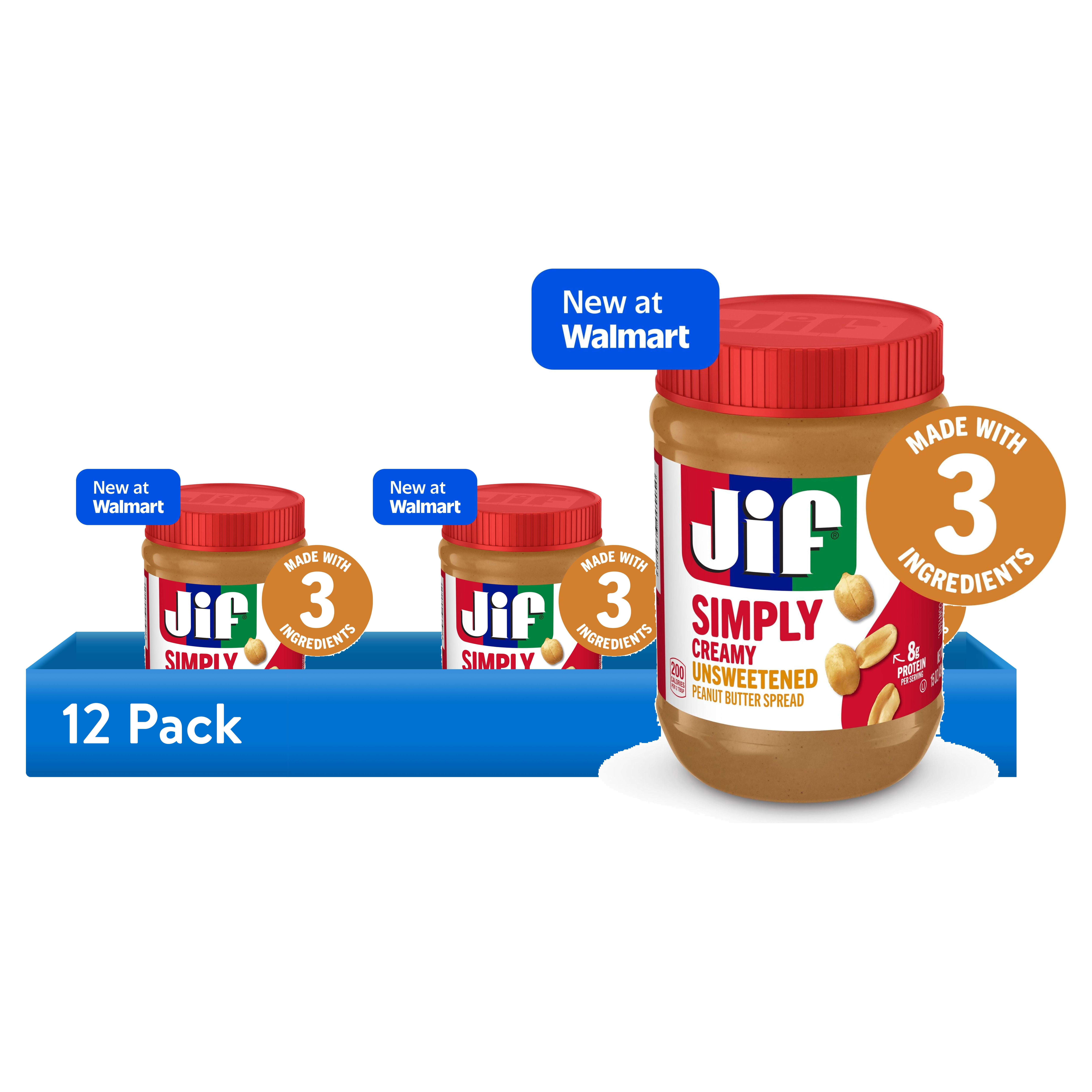 (12 pack) Jif Simply Creamy Peanut Butter Spread, Unsweetened, 15-oz Jar