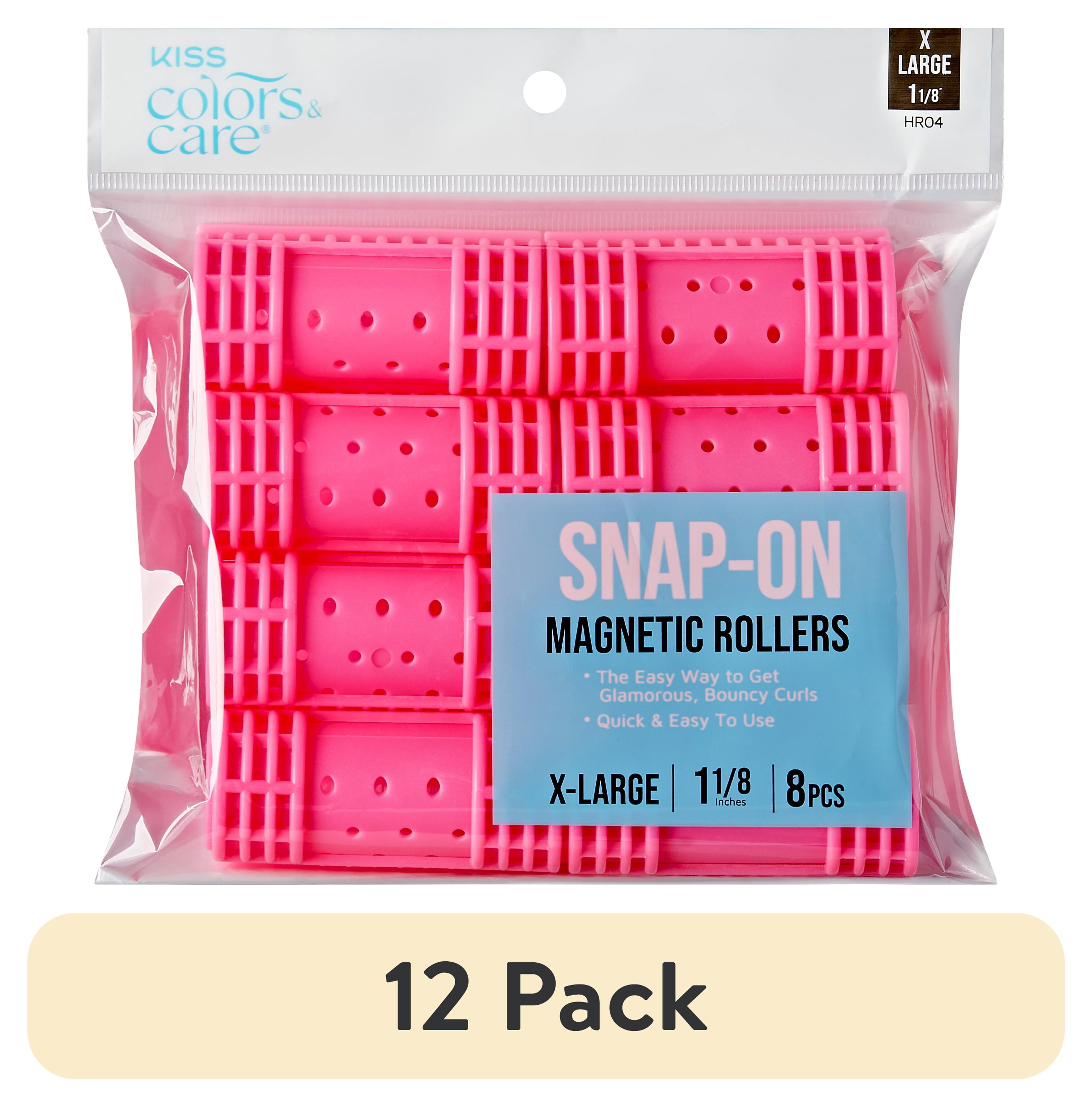 (12 pack) KISS COLORS & CARE Magnetic Snap On Hair Roller, 1 1/8", X-Large, 8 Piece Set, Hot Pink
