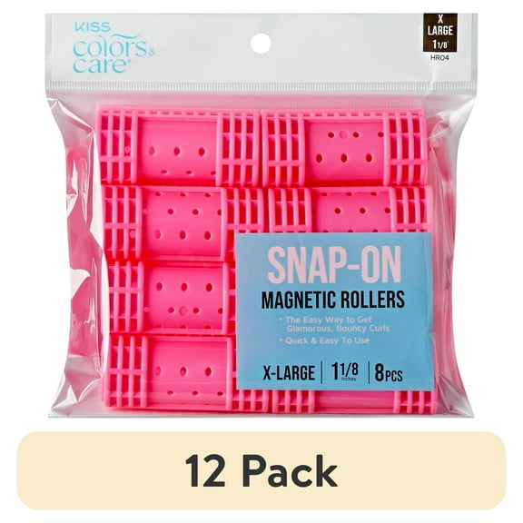(12 pack) KISS COLORS & CARE Magnetic Snap On Hair Roller, 1 1/8", X-Large, 8 Piece Set, Hot Pink