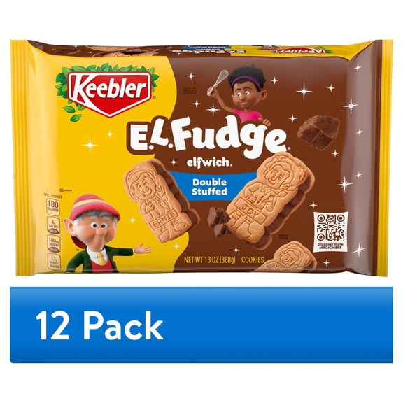 (12 pack) Keebler E.L. Fudge Double Stuffed Elfwich Cookies, Sandwich Cookies Stuffed with Crme Filling, 13 oz